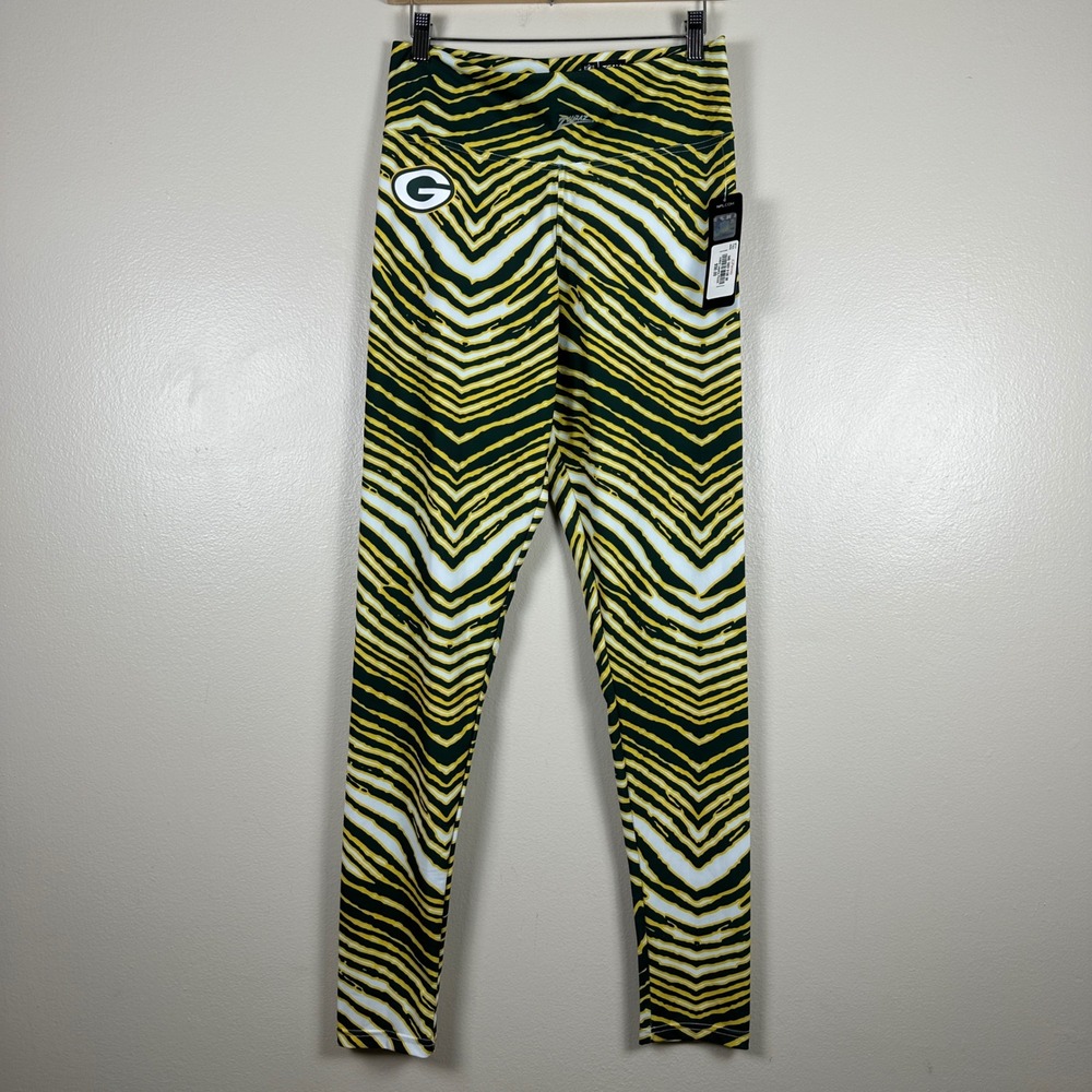 Zubaz Women's Medium Leggings‎ Green Gold Zebra Print NFL Green Bay Packers NEW